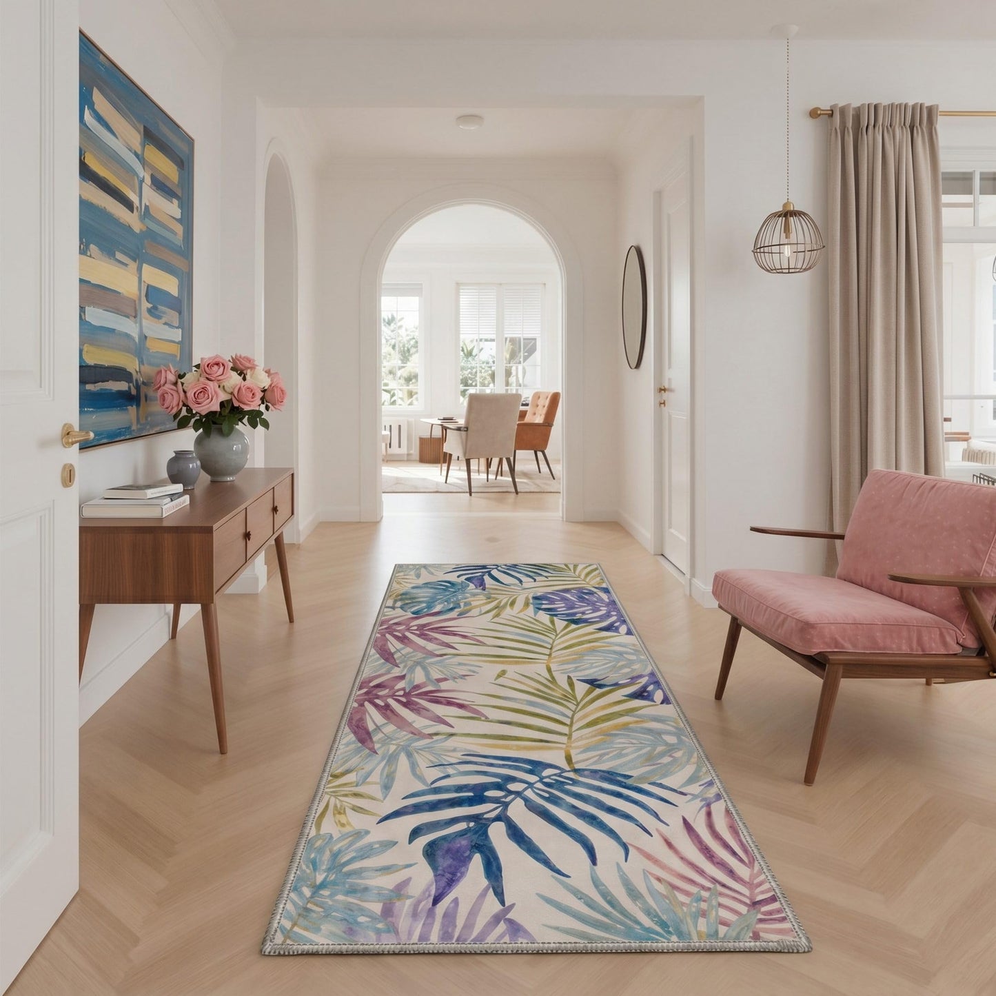 Bavni 5x7 Area Rugs for Living Room Machine Washable Non Slip Low Pile Print Rug for Bedroom, Dining Room, Home Office, Tropical Foliage Design, Lavender