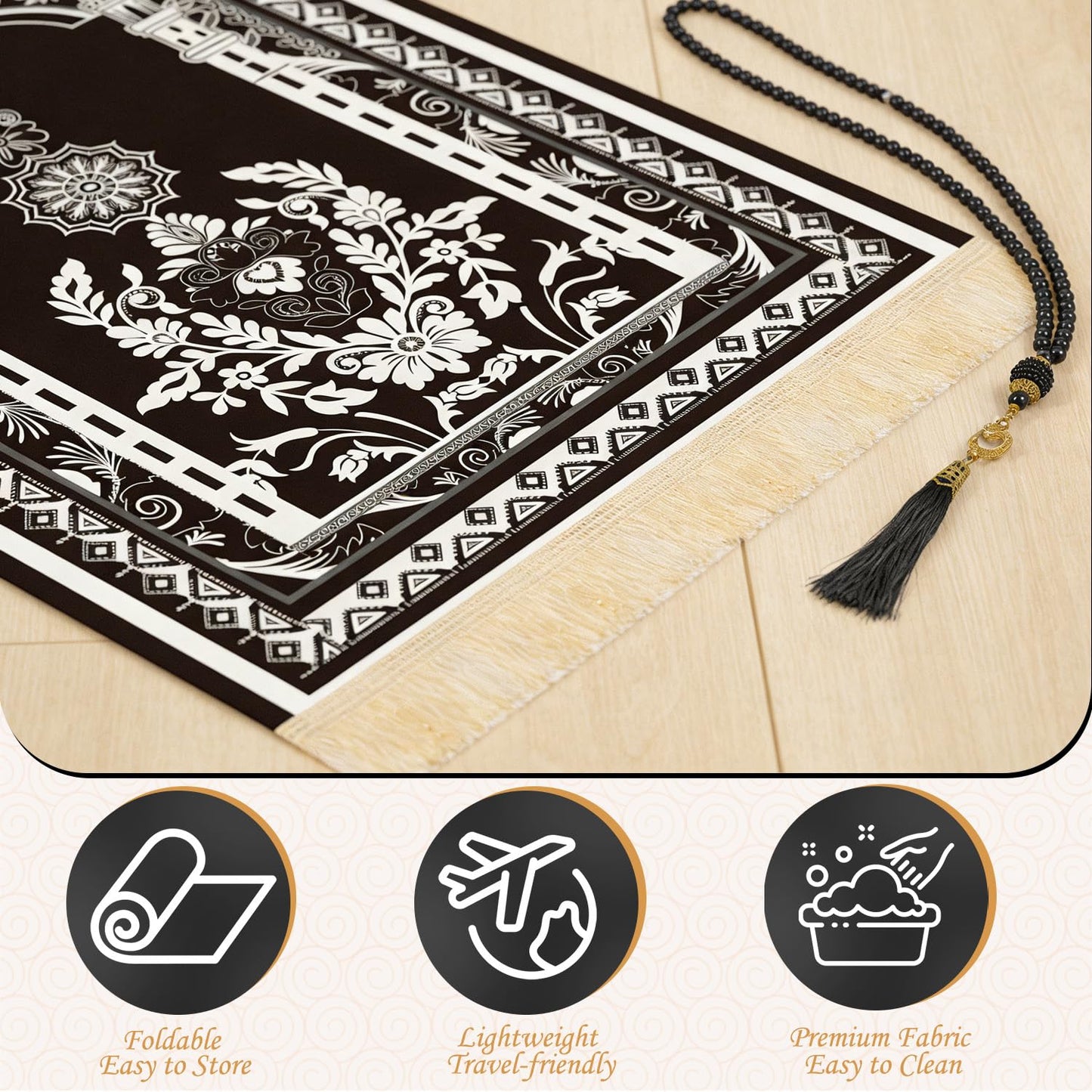 Silkovahamd Prayer Mat Ramadan Gifts - Portable Black Prayer Rug Islamic Muslim Tasbih Beads, Praying Carpet for Islamic Man Women Eid Salah Namaz Meditation Decorations for Home