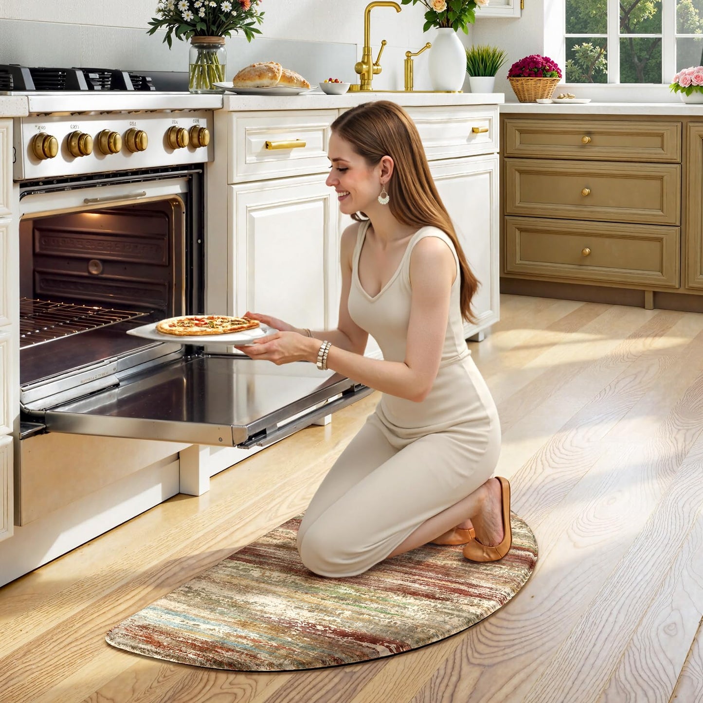 KIMODE Anti Fatigue Kitchen Mats for Floor 18"x28" Half Circle Cushioned Kitchen Floor Mats, Red Brown Abstract Kitchen Rug, Comfort Ergonomic Standing Desk Mat for Sink Laundry Office