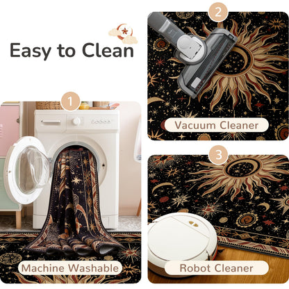 meejou 5x7 Area Rugs, Washable Vacuum-Friendly Non-Slip Rug Vintage Boho Gothic Sun and Moon Printed Pattern Low Pile Carpet for Living Room Bedroom Dining Room Hallway Entryway,Black Gold Beige Red