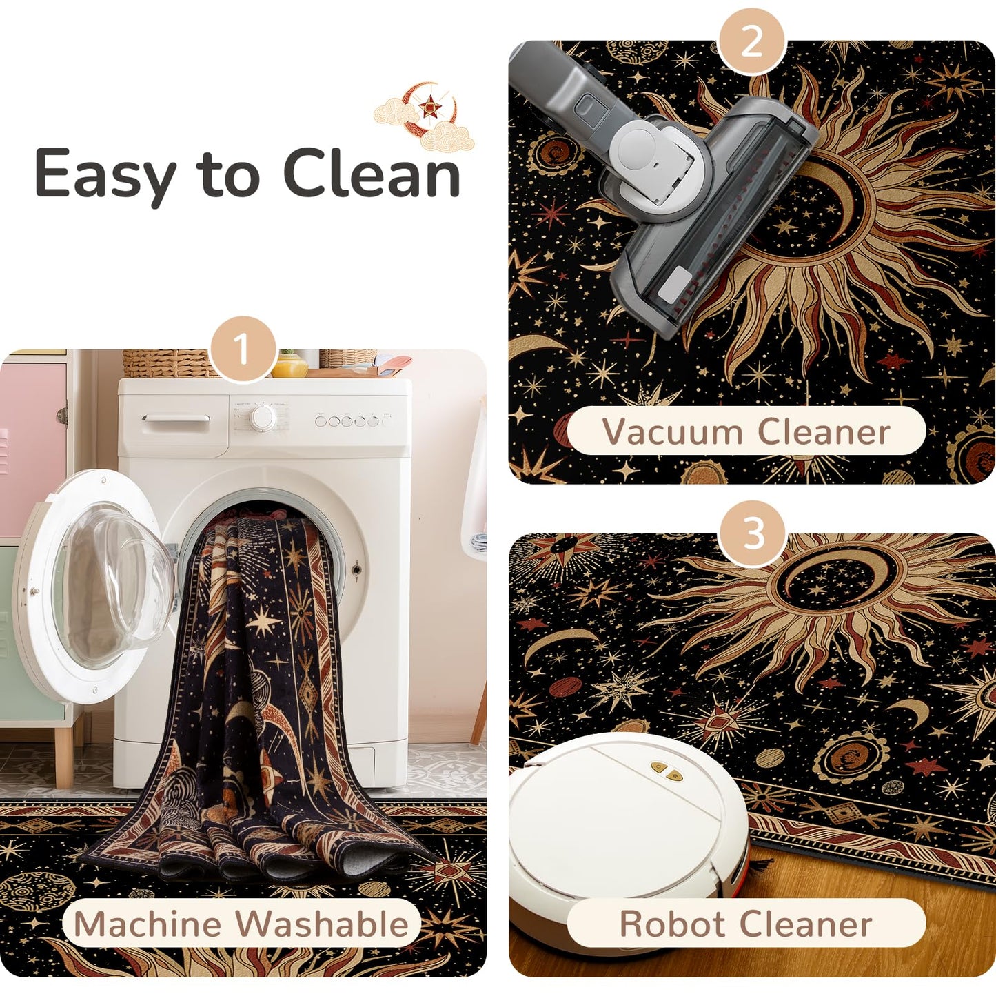 meejou 8x10 Area Rugs, Washable Vacuum-Friendly Non-Slip Rug Vintage Boho Gothic Sun and Moon Printed Pattern Low Pile Carpet for Living Room Bedroom Dining Room Hallway Entryway,Black Gold Beige Red