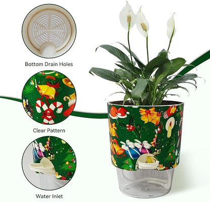 Print Flowerpots Round Plant Pots - 2 Pack Outdoor Garden Planter Plastic Indoor Modern Decorative Succulent Houseplant Pot with Drainage Christmas Day 4FP-CMRG