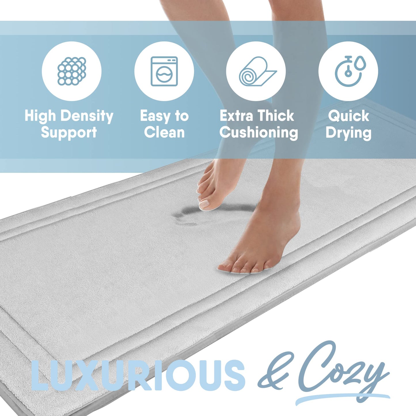 MICRODRY Quick Drying Memory Foam Framed Bath Mat with GripTex Skid-Resistant Base, Runner - 24x58, Light Grey
