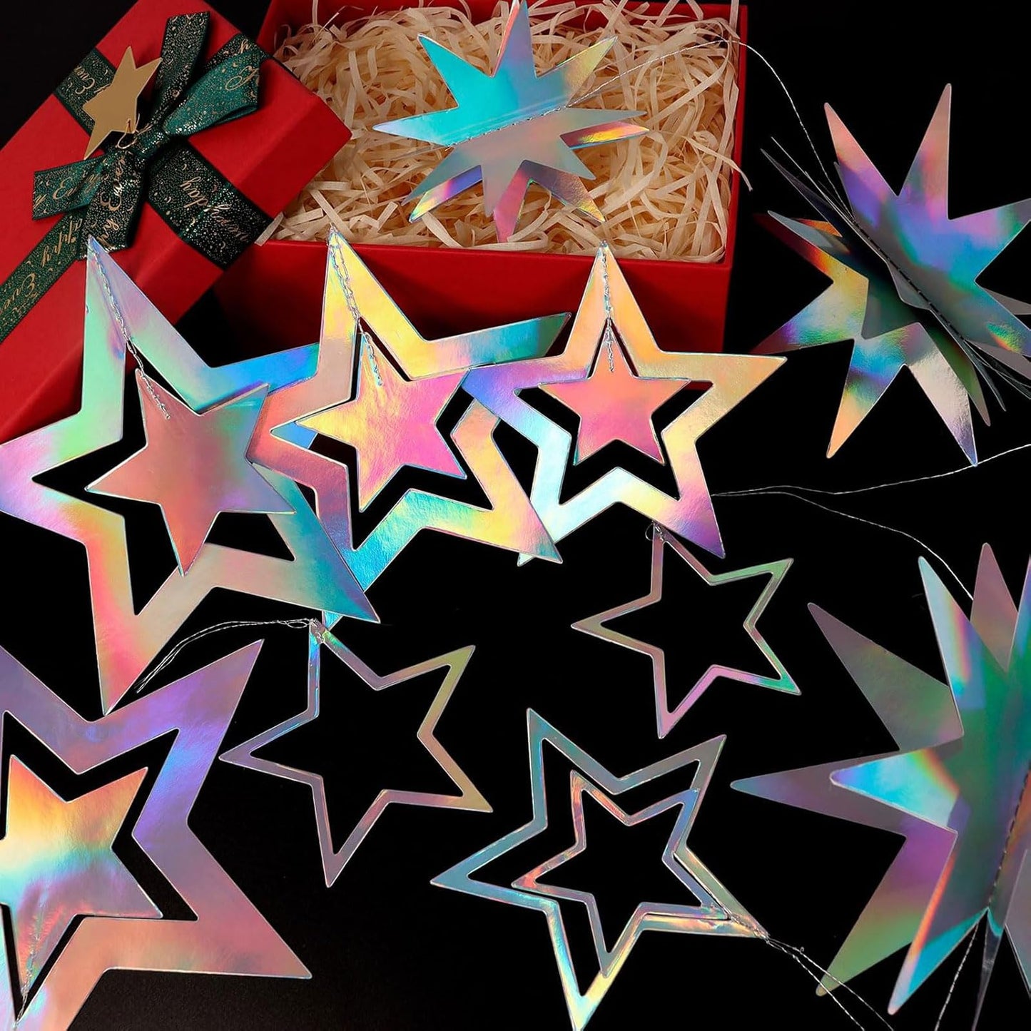AimtoHome Holographic Star Garland Decorations– 14 Rainbow Paper Stars & 5.5ft 3D Twinkle Hanging Decor for Party, Home, Window, Door，Christmas Party Backdrop Decor (Modern Glitter Style)