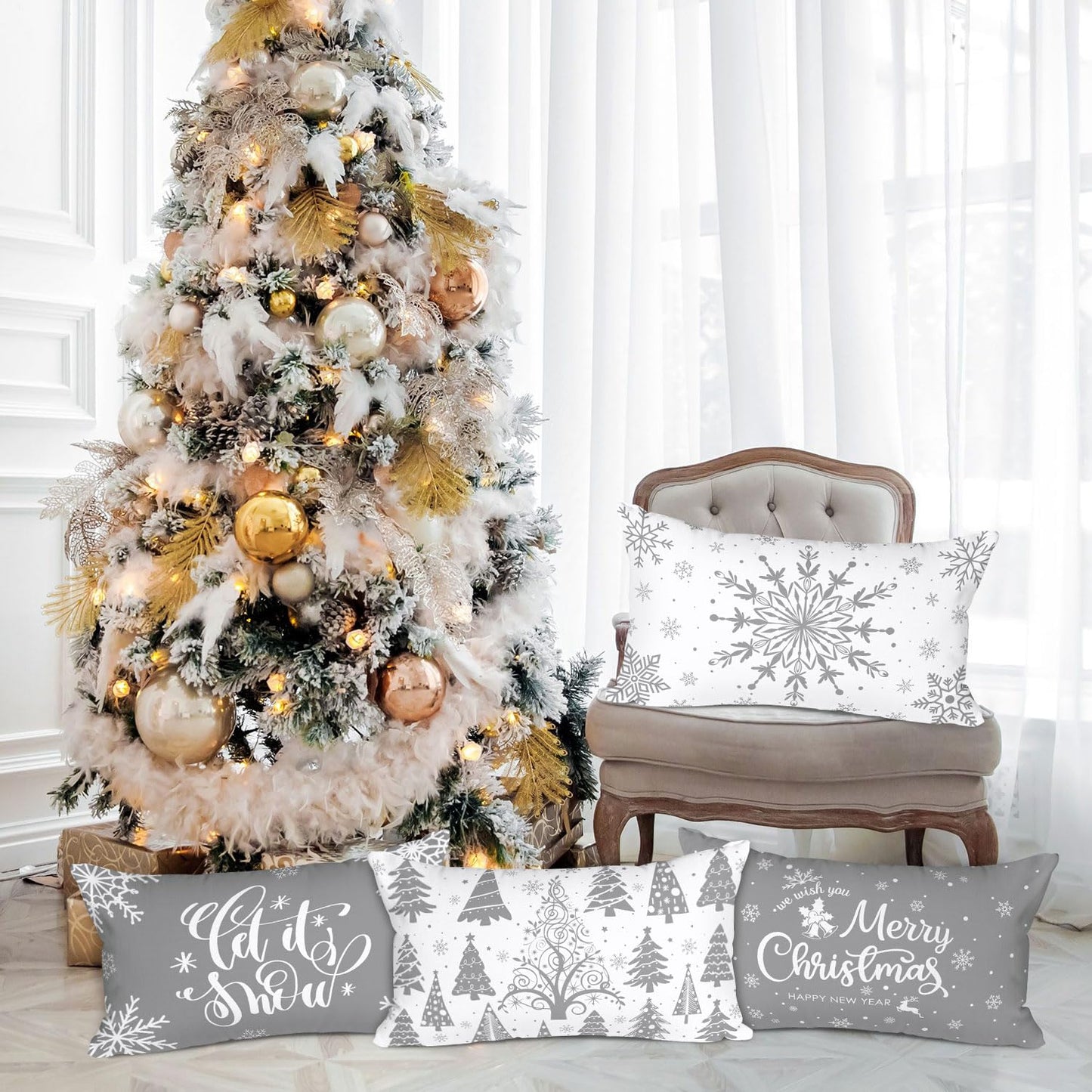 Lanpn White and Grey Christmas Lumbar Throw Pillow Covers 12x24 Set of 4, Decorative Long Gray Winter Snowflake Xmas Cushion Covers Pillow Cases for Home Bedroom Room Holiday Couch Decor Decorations