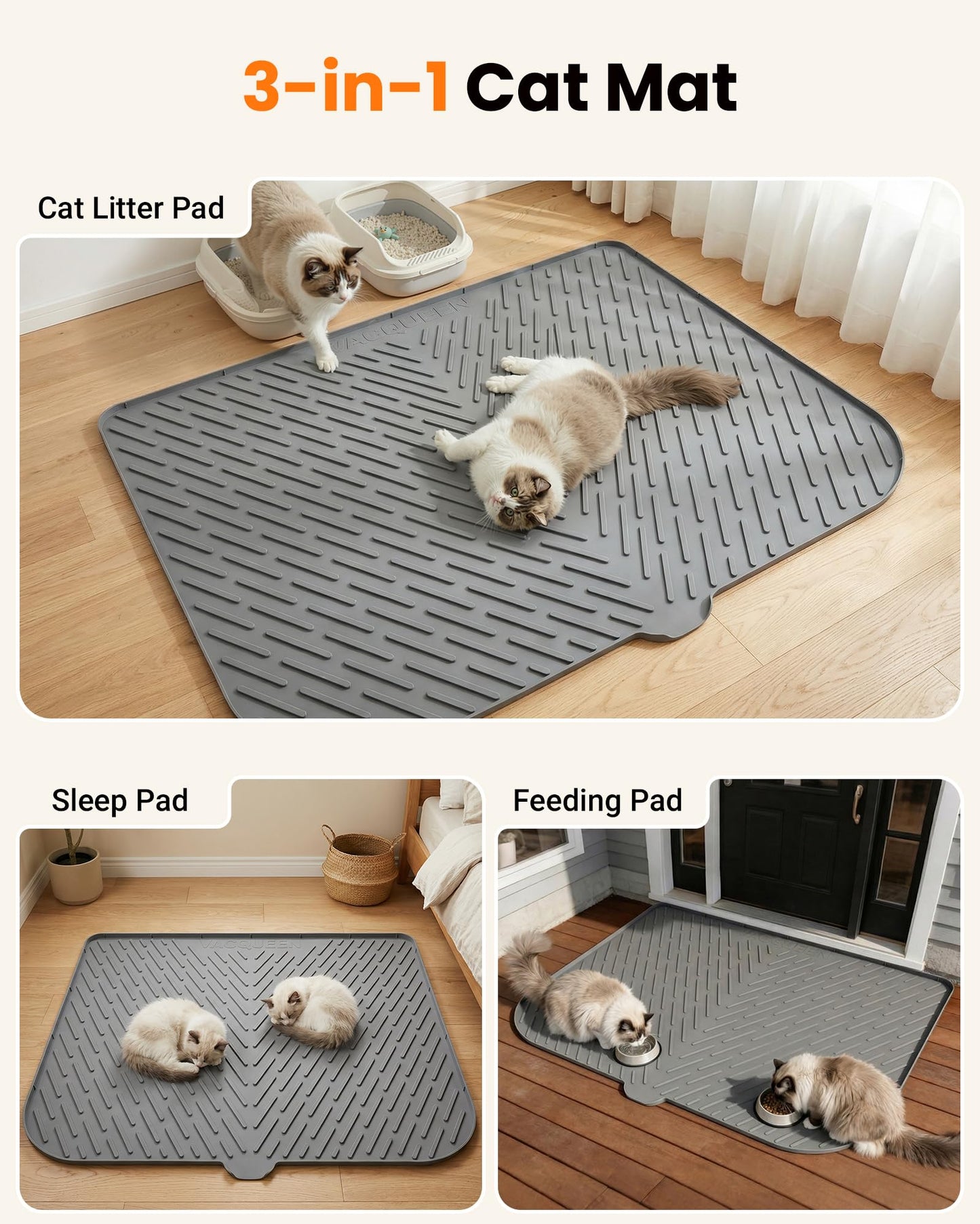 Vacqueen Cat Litter Box Mat, 47" x 37" Extra Large Cat Litter Mat, Silicone Waterproof Litter Trapping Mat for Scatter Control Soft on Kitty Paws Non-Slip Easy to Clean (Grey)
