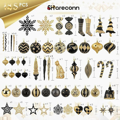 SHareconn 145pcs Christmas Balls Ornaments Set, Shatterproof Plastic Baubles Snowflakes, Xmas Tree Holiday Wedding Party Decorations with Hanging Strings, Gold and Black