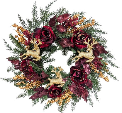 22 Inch Pre-Lit Artificial Christmas Wreath Rose Wreath with Glitter Christmas Deer Reindeers Figurine Decor Berries and Timer for Front Door Window Indoor Outdoor Festive Xmas Holiday
