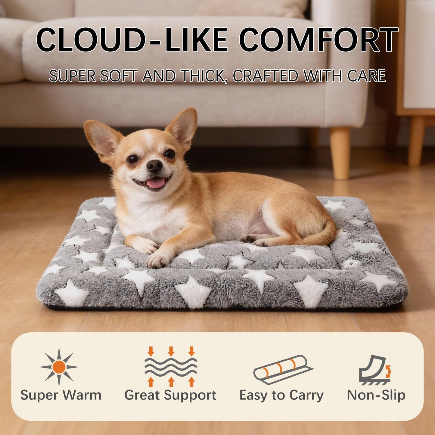Fogkiss Dog Bed Mat, Reversible Crate Pad & Cute Dog Bed - Machine Washable Kennel Mat with Ultra Soft for Small Dogs (Cool/Warm), 24" x 18", Grey&Star