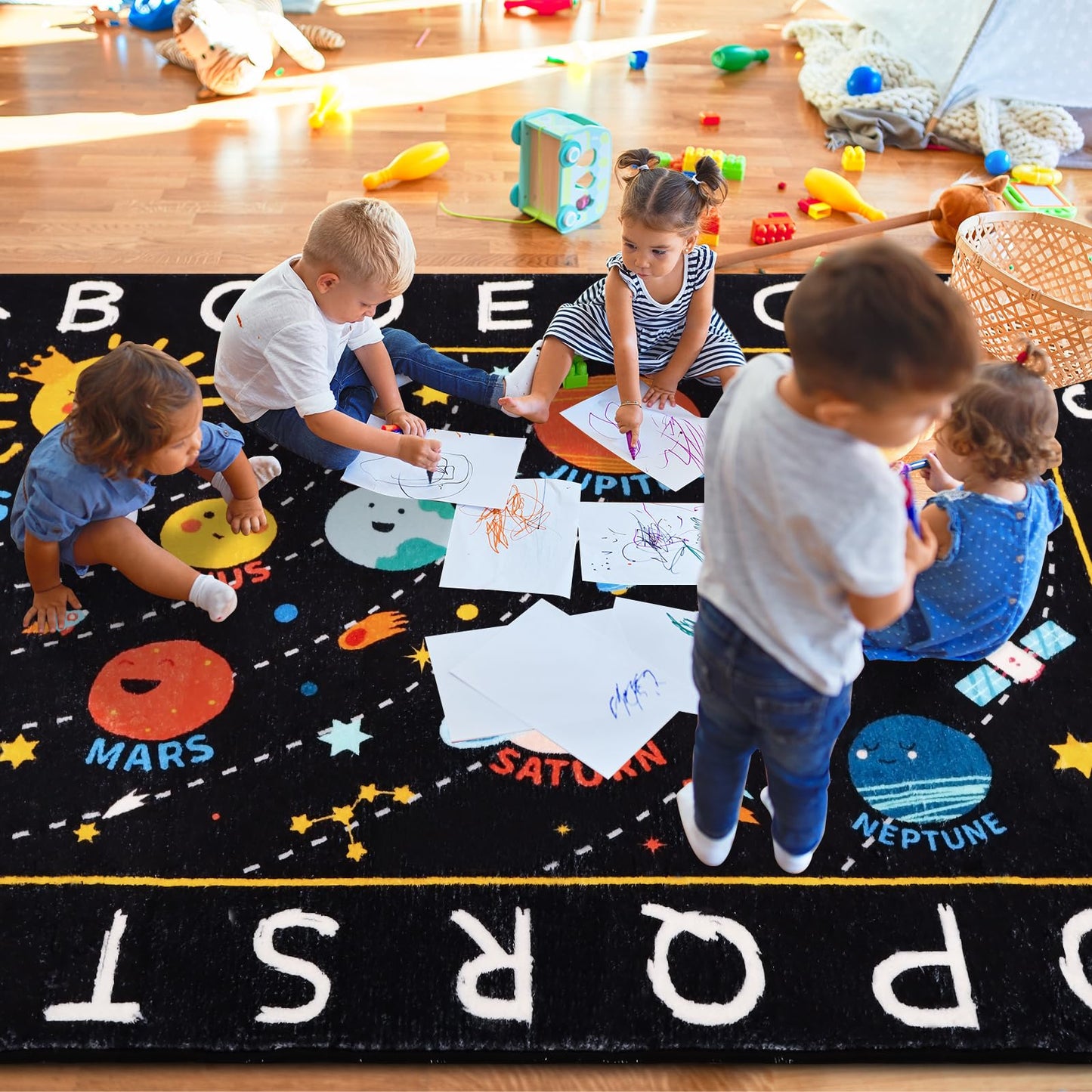 Outer Space Kids Rug,3'3" x 4'11" ABC Alphabet Educational Kids Rugs for Playroom,Non Slip Solar System Galaxy Planets Playroom Rug,Washable Area Rug Carpet for Classroom Kid Room Decor(for Age 2+)