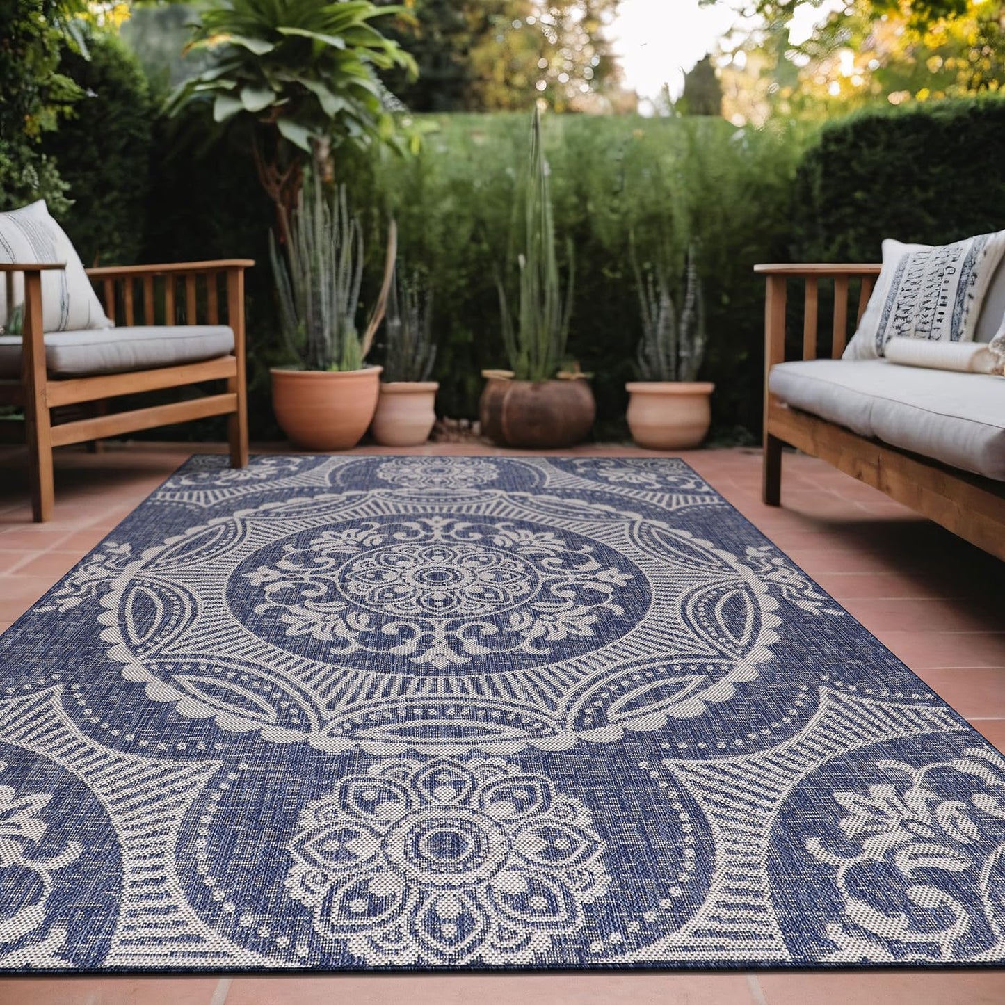 Luul Home Medallion Outdoor Rug 5x7 Washable Outside Carpet for Indoor Patio Porch Waterproof Easy Cleaning Non Shedding Area Rugs Blue 5 x 7