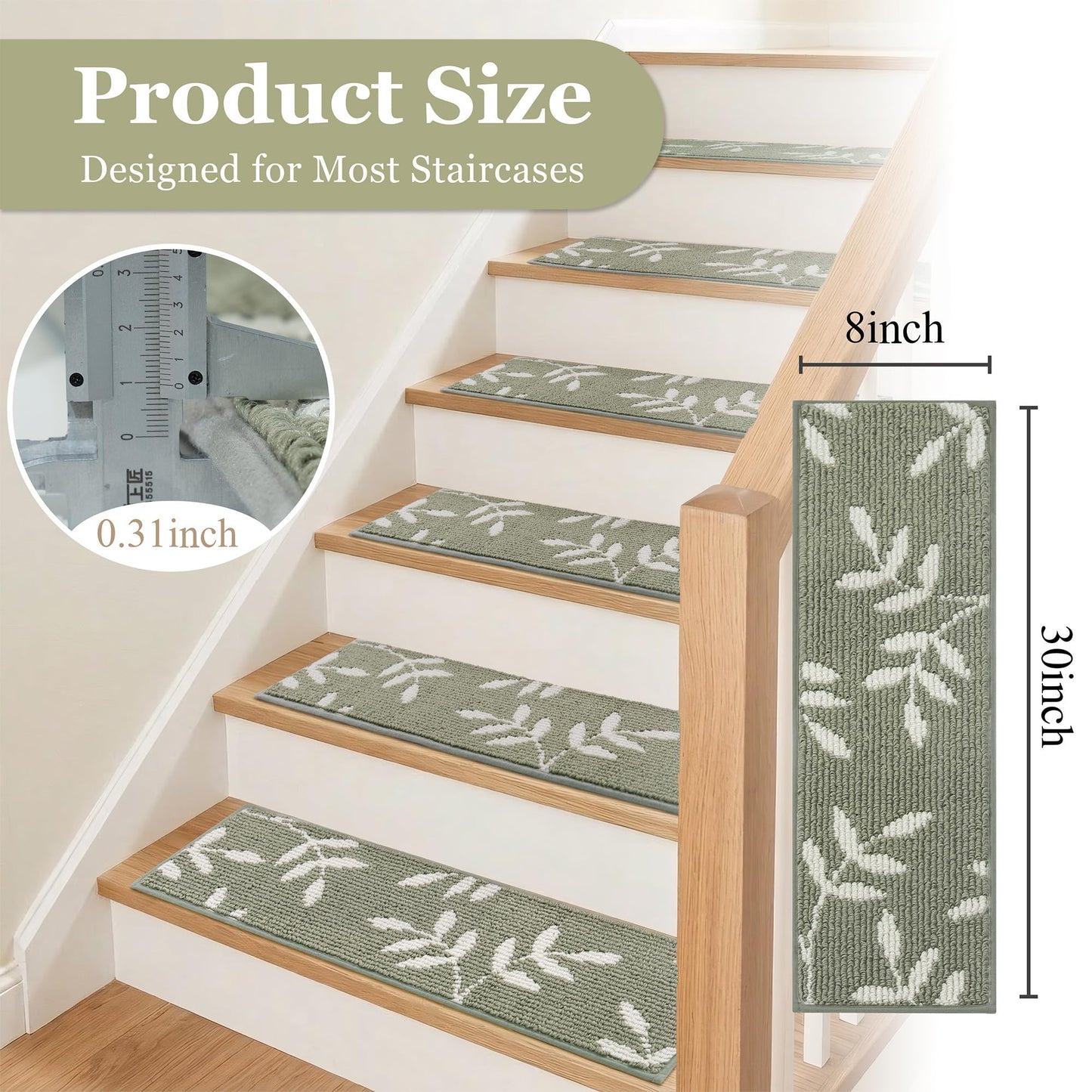 TANVILL Carpet Stair Treads, Non-Slip Stair Treads for Wooden Steps Indoor, 30”x8” Stair Runner for Pets Non Skid Wood Staircase Step Treads Reusable, Set of 15, Green