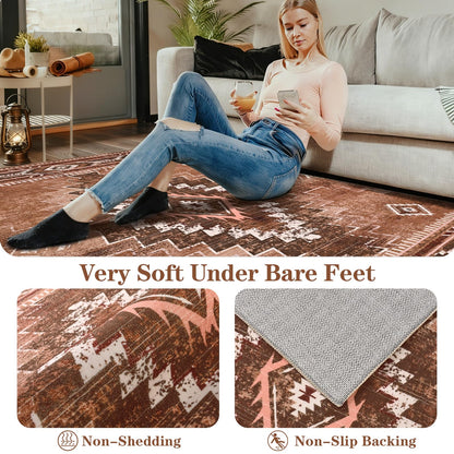 Yinhua Western Living Room Rug 5x7, Moroccan Low-Pile Washable Rug for Bedroom, Aztec Brown Rugs Non Slip with Rubber Backing, Soft Non-Shedding Carpet for Nursery Classroom Office