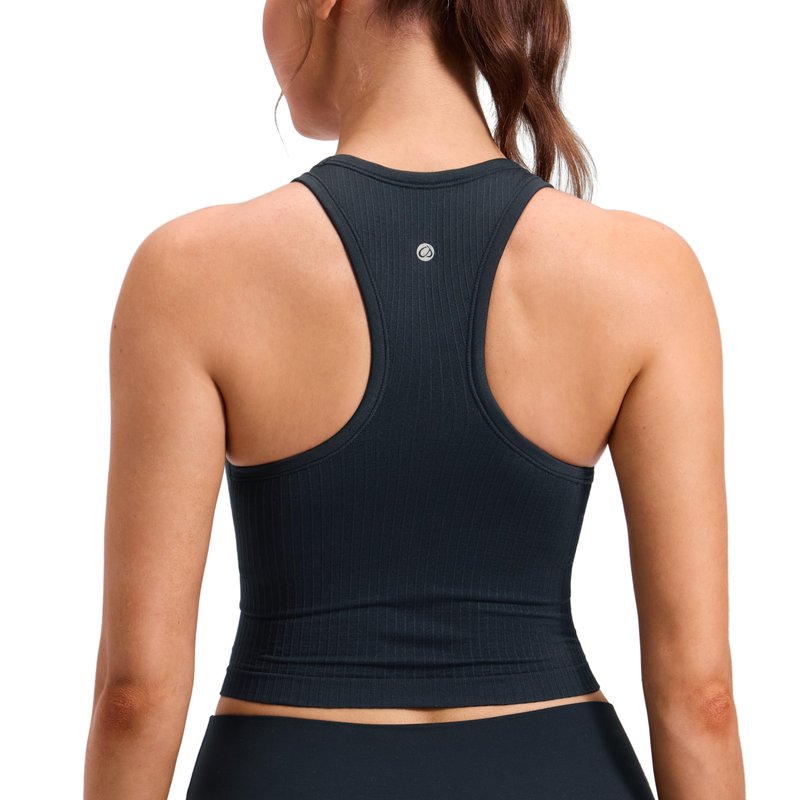 CRZ YOGA Seamless Ribbed High Neck Crop Tank Tops for Women - Longline Racerback Padded Sports Bras True Navy Medium
