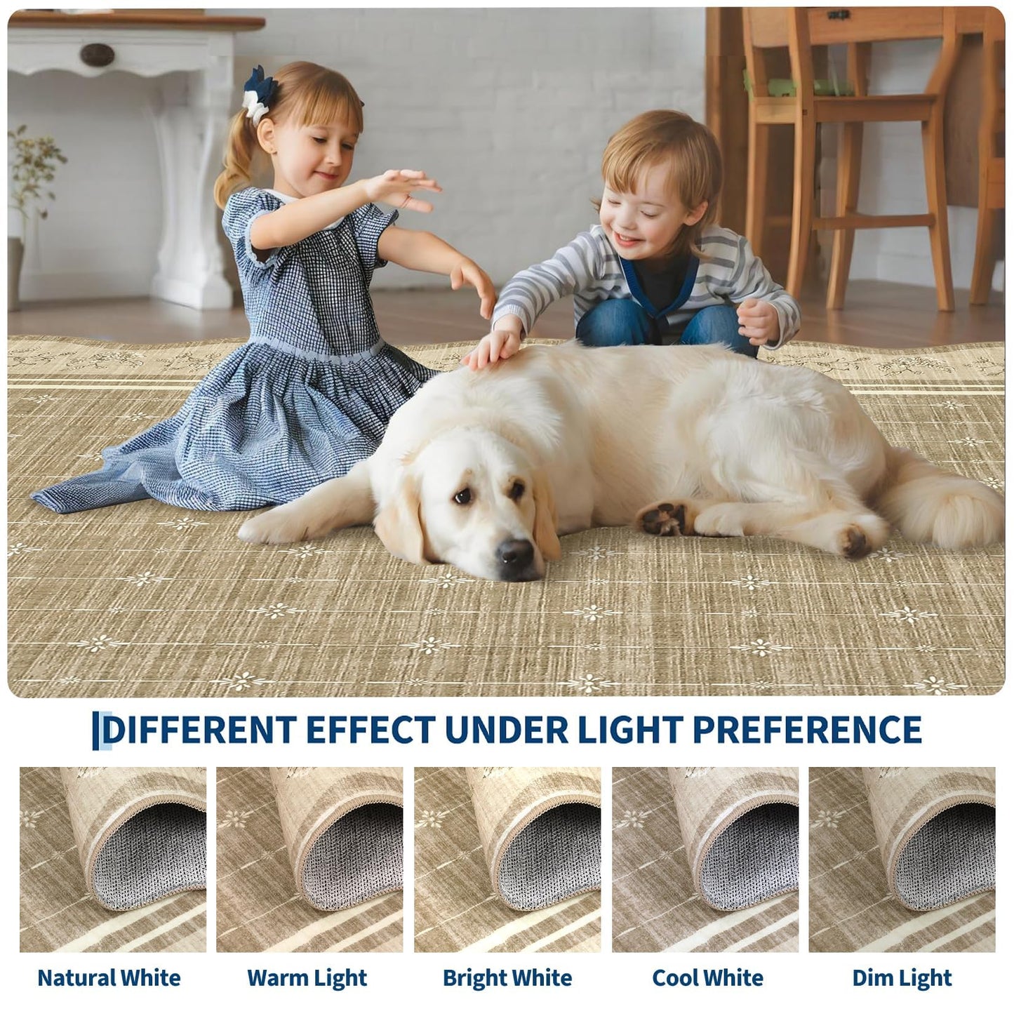 Garvee Washable Rugs for Living Room 8x10 Area Rugs for Bedroom Scalloped Rug Modern Bordered Non Slip Large Kids Bedroom Carpet Indoor Stain Resistant Floor Cover for Dining Room Office Nursery Camel