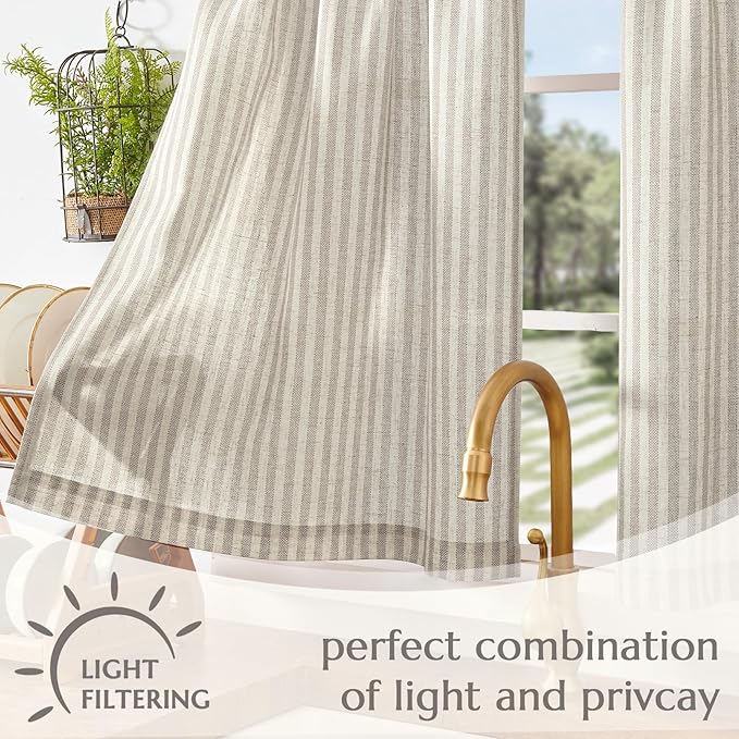 jinchan Striped Linen Kitchen Curtains 36 Inches Tier Curtains Farmhouse Modern Cafe Style Small Window Treatments Airy Light Filtering Rod Pocket for Living Room Bathroom 2 Panels Taupe Grey