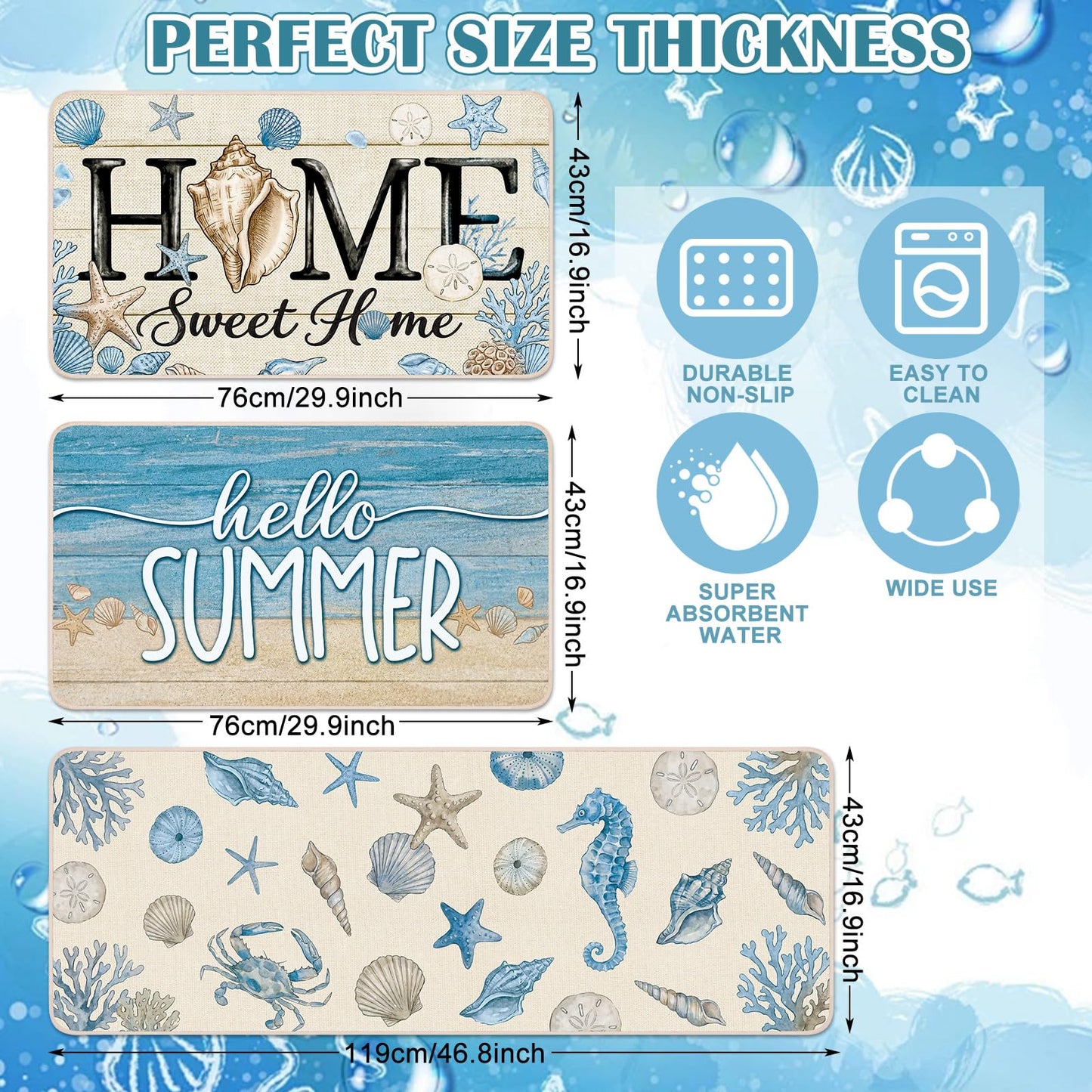 Dunzy 3 Set Coastal Kitchen Rugs Beach Rug Blue Crab Starfish Shell Sea Nautical Absorbent Mats for Sea Kitchen Bathroom Seasonal Home Decor 3 Sizes