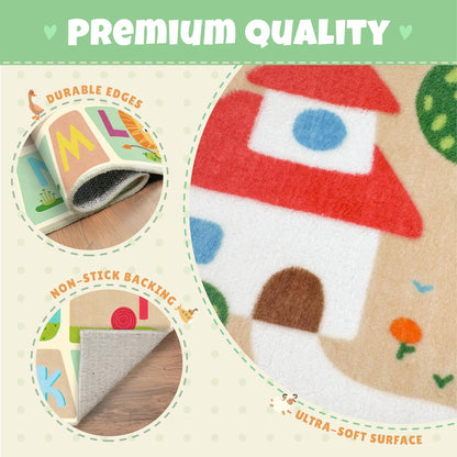 Washable Kids Playroom Rug – 5x7 Play Rug for Preschool Toddlers, Baby Girls, Educational with Cute Animals – Non-Slip, Stain Resistant, Soft & Safe for Bedroom, Play Room and Classroom - Blue