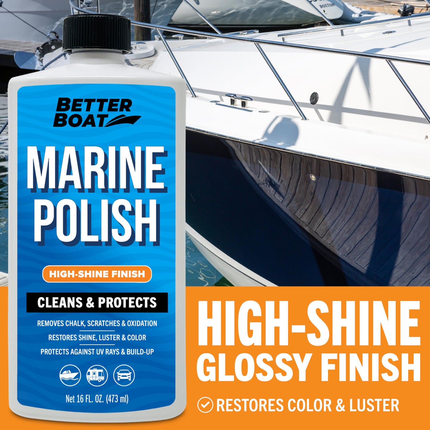 Marine Polish High-Gloss Gel Coat Restorer, Oxidation Remover with UV Protection for Fiberglass, Metal, Painted Surfaces, Boats, and RVs - Better Boat