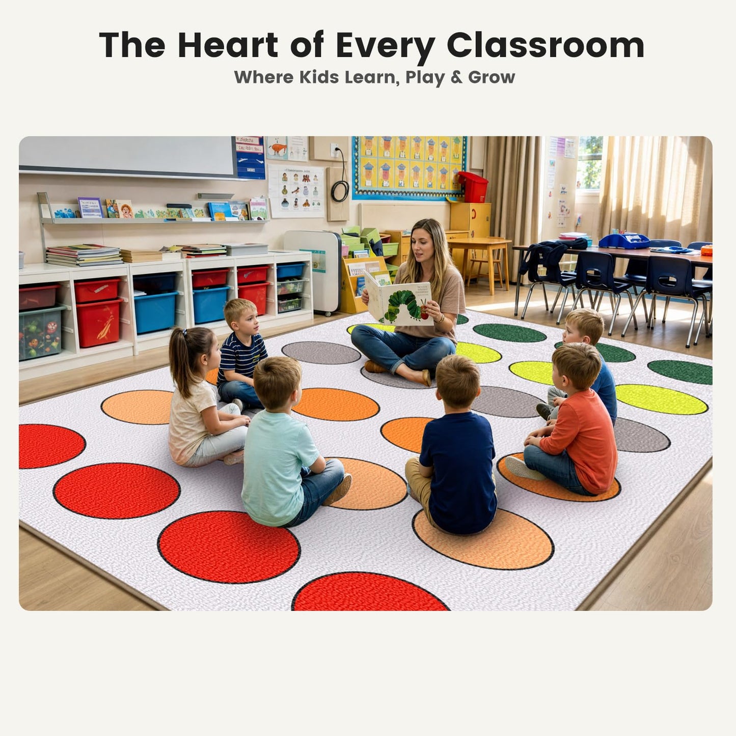 ABCarpet Extra Large Classroom Rug, 10'6" x 13'1" Durable Boho Classroom Carpet, Non-Slip Preschool Rug with 30 Seating Squares for Reading Area, Circle Time, Kids Playroom, Teacher Use