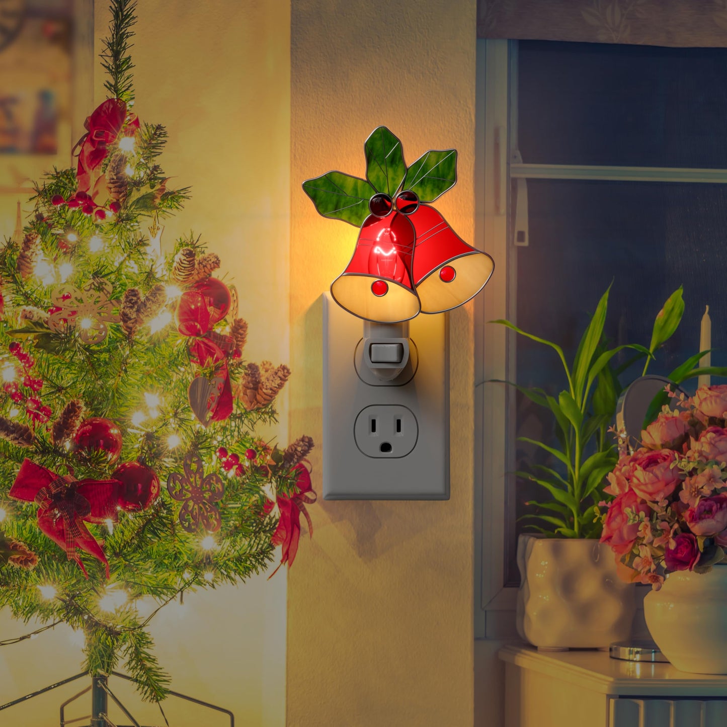 KUNDGLA Night Lights Plug into Wall Christmas Red Bell Stained Glass Night Light Plug in 7W Dusk Warm White Light Switch-On/Off for Adult Kids Room Bathroom Home Decor Gifts for Mom Grandkids