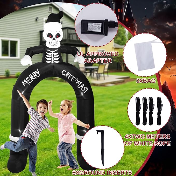10FT Skeleton Santa Arch Inflatable Decoration, Yard Decoration with LED Lights, Outdoor Inflatable Decoration for White Christmas, Halloween, Outdoor Lawn, Garden, Party