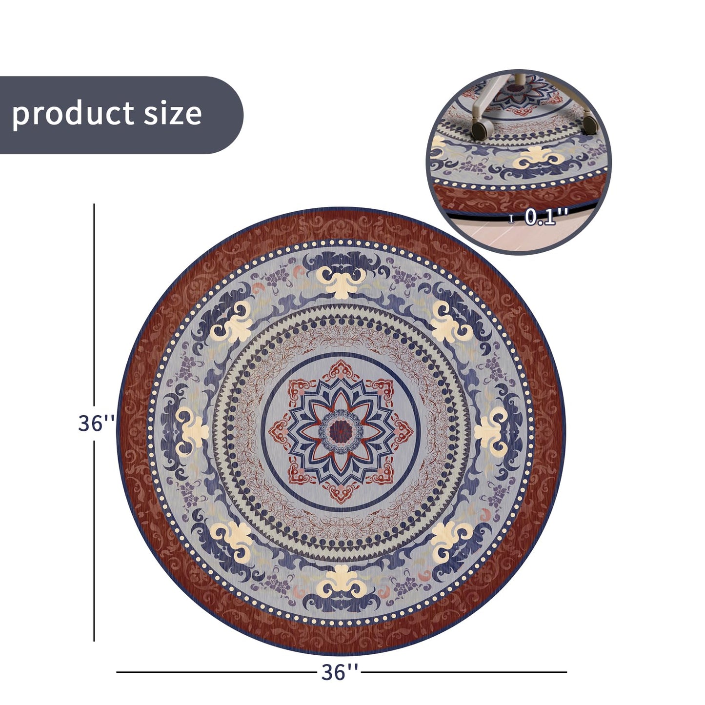 Washable Round Area Rug, 3ft Ultra-Thin Non-Slip Floor Mat, Vintage Boho Carpet for Living Room Bedroom Dining Room Office Hallway Entryway