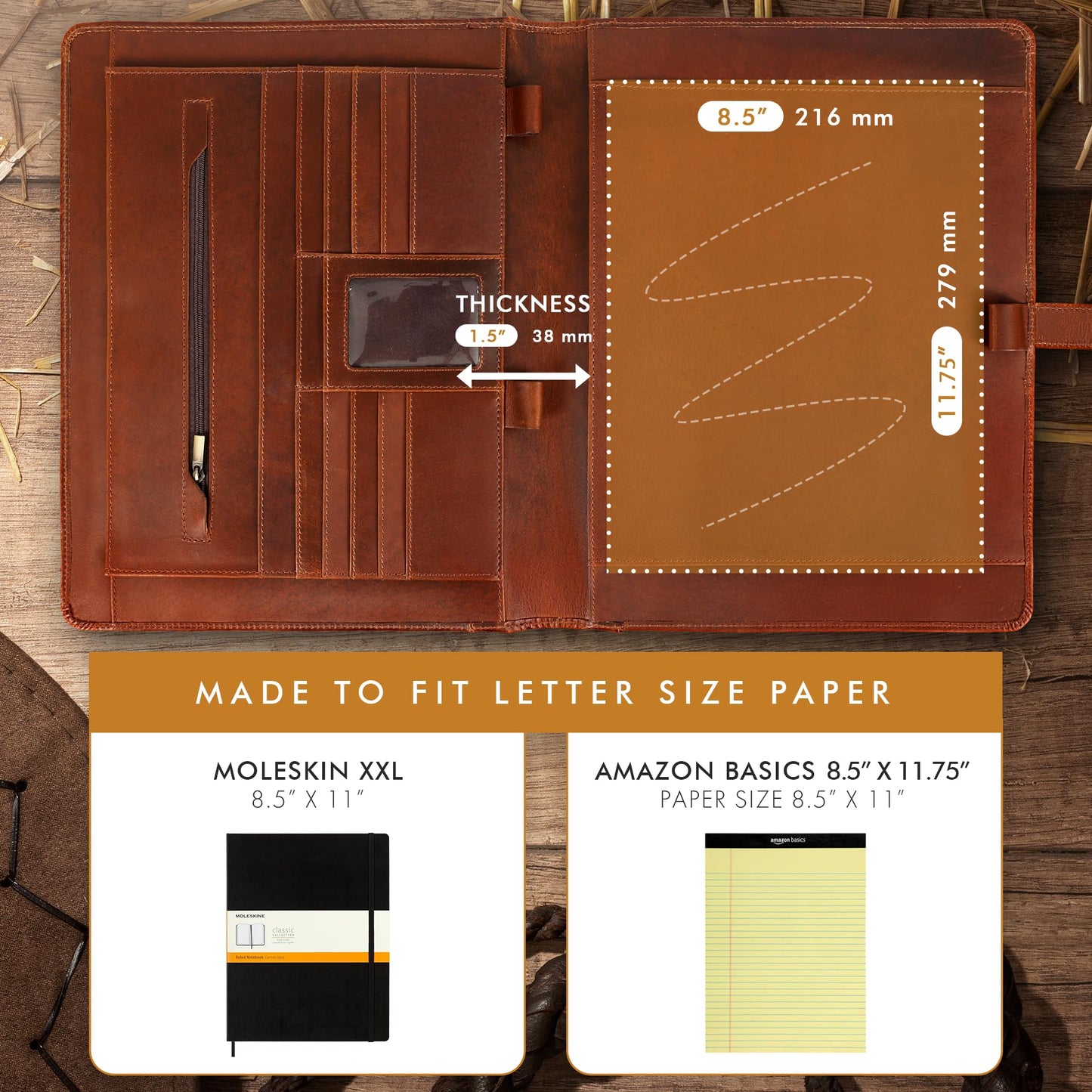 ELIZO Leather Portfolio Padfolio Leather Binder Folder for Men and Women Professional Business Portfolio Organizer Men and Women Antique Letter Strap