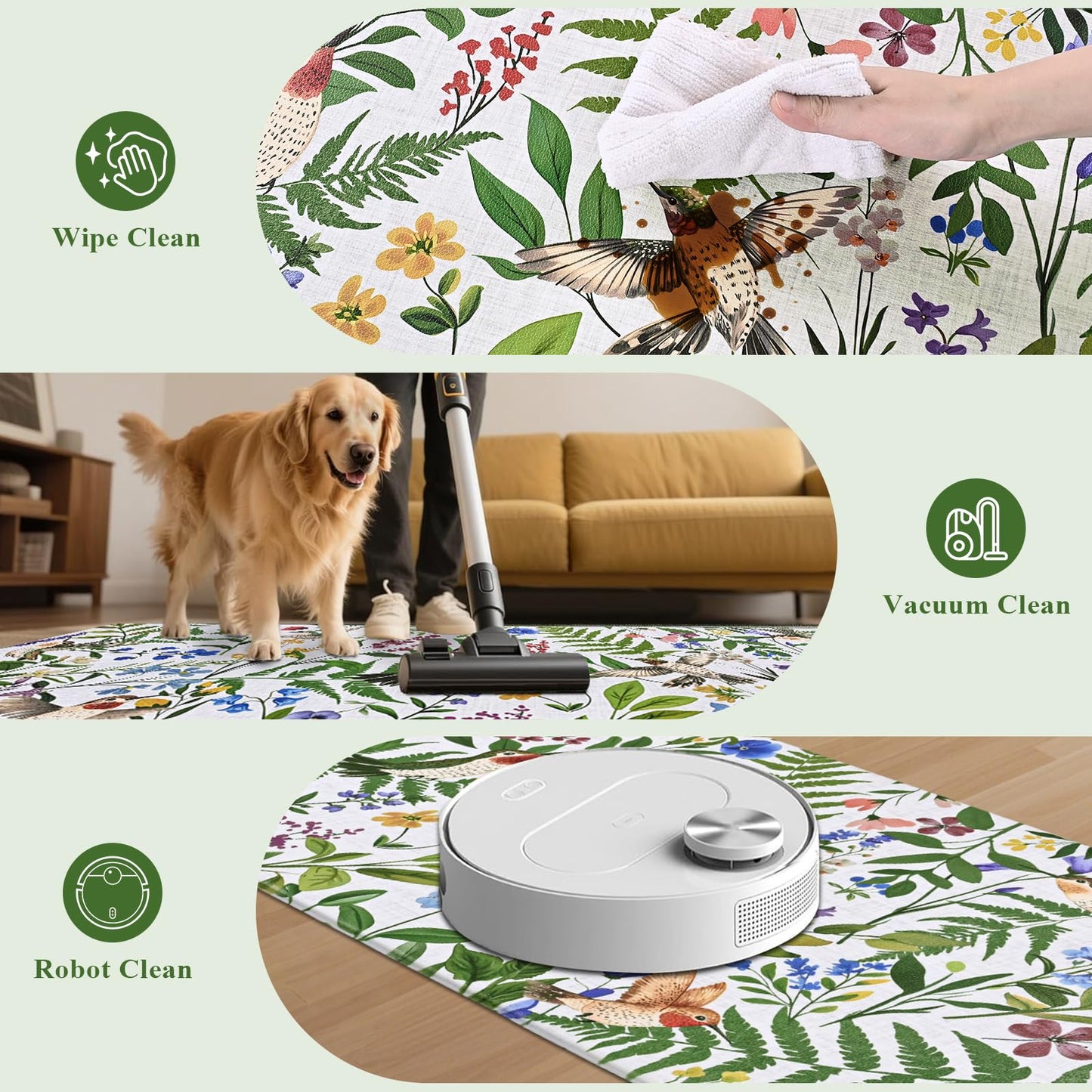 Yinhua White Kitchen Mats for Floor Sets of 2, Floral Anti Fatigue Mats for Kitchen Floor Rug Cushioned, Farmhouse Kitchen Rugs Non Slip, Bird Waterproof Mat for Laundry Office, 17.3"×30"+17.3"×47"