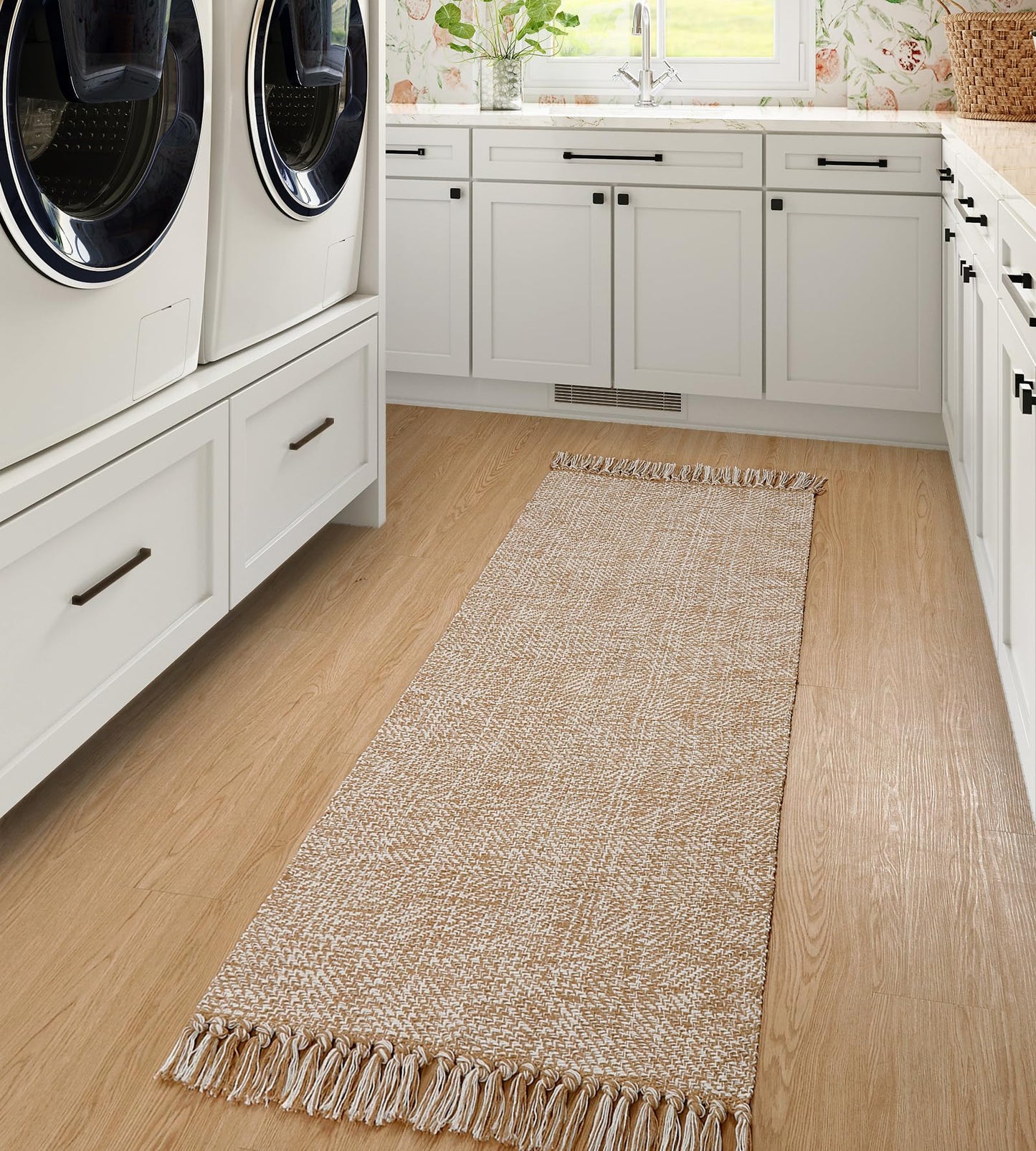 Collive Hallway Runner Rug, 2' x 5' Soft Washable Tan Contemporary Modern Laundry Room Indoor Hand-Woven Cotton Carpet for Bedroom Entryway Front Door Farmhouse Kitchen