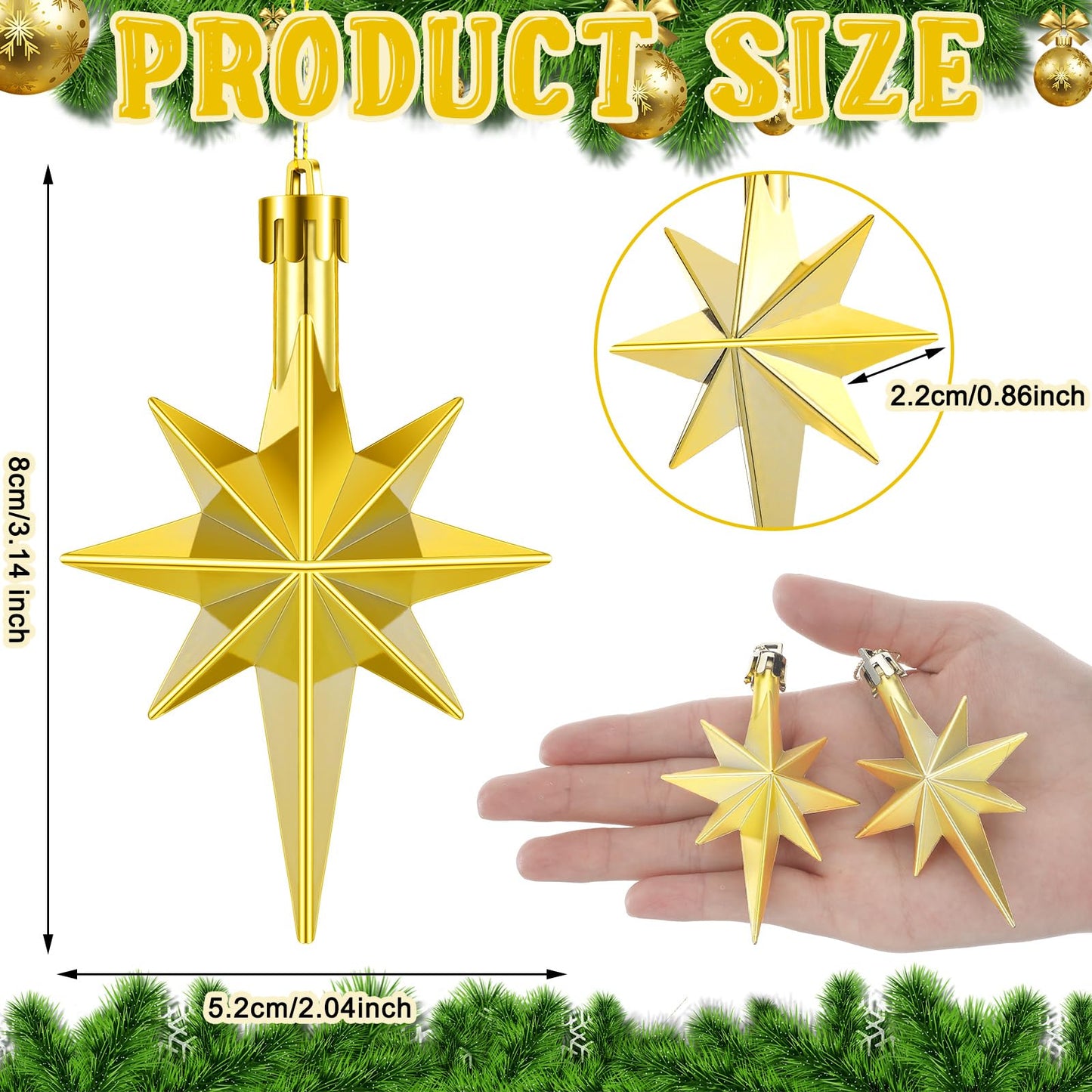 Syhood 12 Pcs Gold Christmas Bethlehem Star Ornament for Christmas Tree 3.14inch Bethlehem Star Ornament Plastic Hanging Gift Decor for Xmas Party