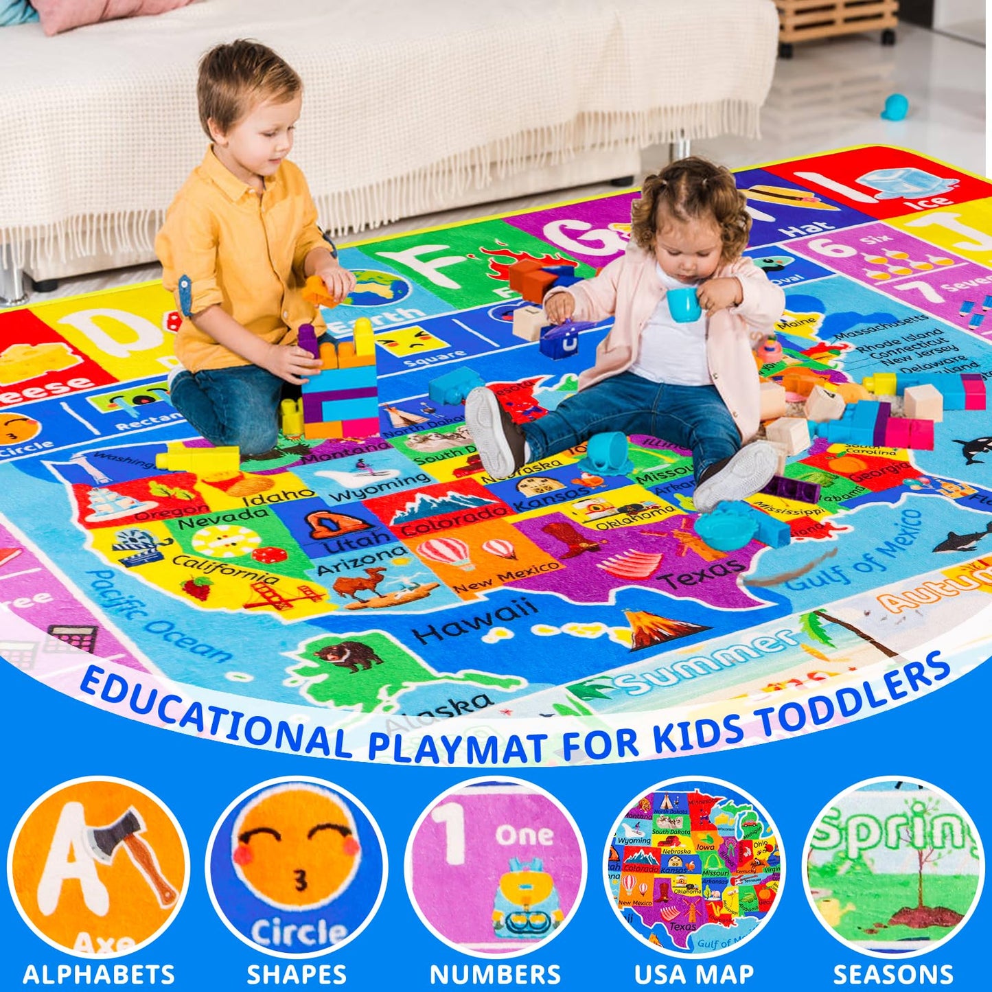 LTKOUGFAM USA Map ABC Kid Rug for Playroom 59"×39.4" Geography Classroom Play Rug Educational Kids Playmat Alphabet Mat State Symbols, ABC Letters, Numbers, Seasons&Shapes Non-Slip Preschool Playmat