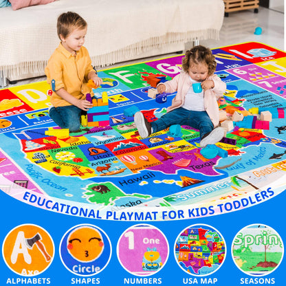LTKOUGFAM USA Map ABC Kid Rug for Playroom 59"×39.4" Geography Classroom Play Rug Educational Kids Playmat Alphabet Mat State Symbols, ABC Letters, Numbers, Seasons&Shapes Non-Slip Preschool Playmat