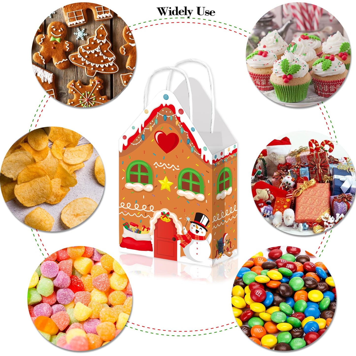 Qpout 12Pcs Christmas Party Favors Bags, Gingerbread House Shaped Gift Bags with Handles Paper Snack Goodie Candy Treat Bags for Winter Xmas Holiday Gift Wrapping Baby Shower