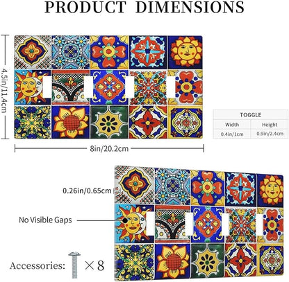 Traditional Colorful Talavera Mexican Spanish Moroccan Tiles Quad Gang Toggle Light Switch Cover 4-Gang Wall Plates Decorative Electrical Switchplate for Home Bedroom Art Decorate