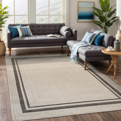 Beverly Rug Easy Jute Bordered Rug 5x7 Washable Durable Indoor Outdoor Area Rugs for Living Dining Room Patio Office Stain Resistant Non Shedding Casual Indoor Outside Carpet 5 x 7 Off-White
