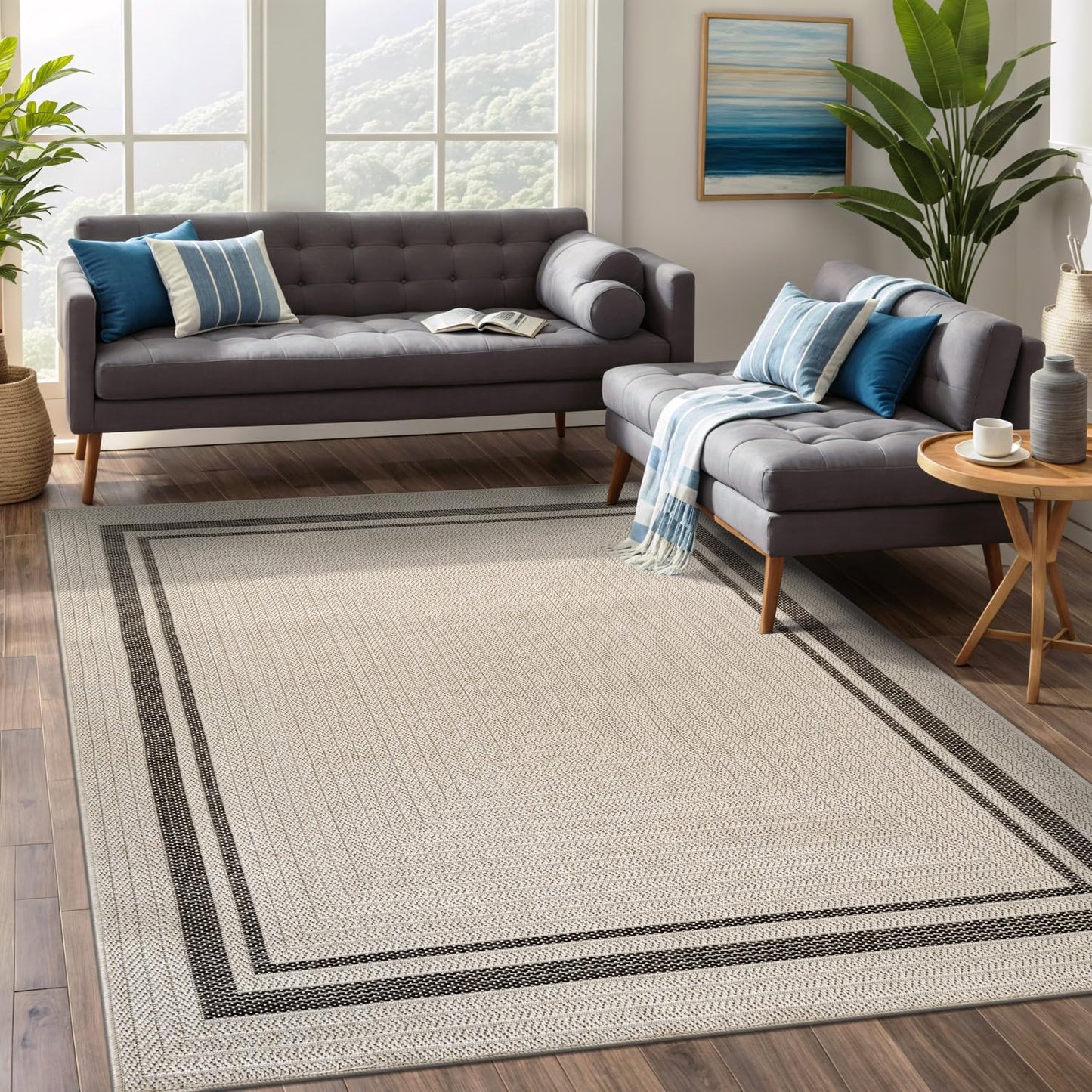 Beverly Rug Easy Jute Bordered Rug 8x10 Washable Durable Indoor Outdoor Area Rugs for Living Dining Room Patio Office Stain Resistant Non Shedding Casual Indoor Outside Carpet 8 x 10 Off-White
