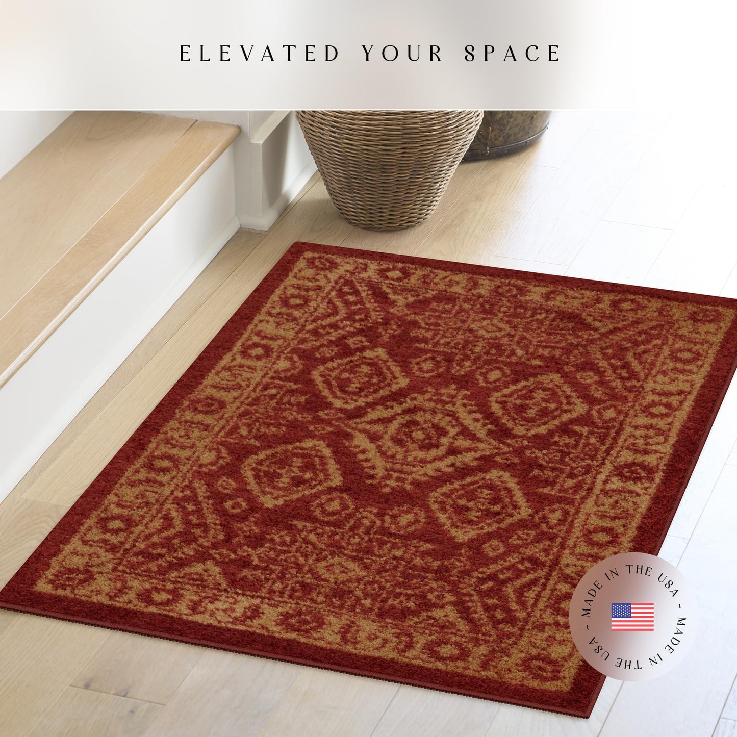 Maples Rugs Georgina Traditional Area Rug – Made in USA – Washable, Non Slip Indoor Carpet for Entryway, Foyer, Kitchen, and Bathroom, 2'6 x 3'10, Red/Gold