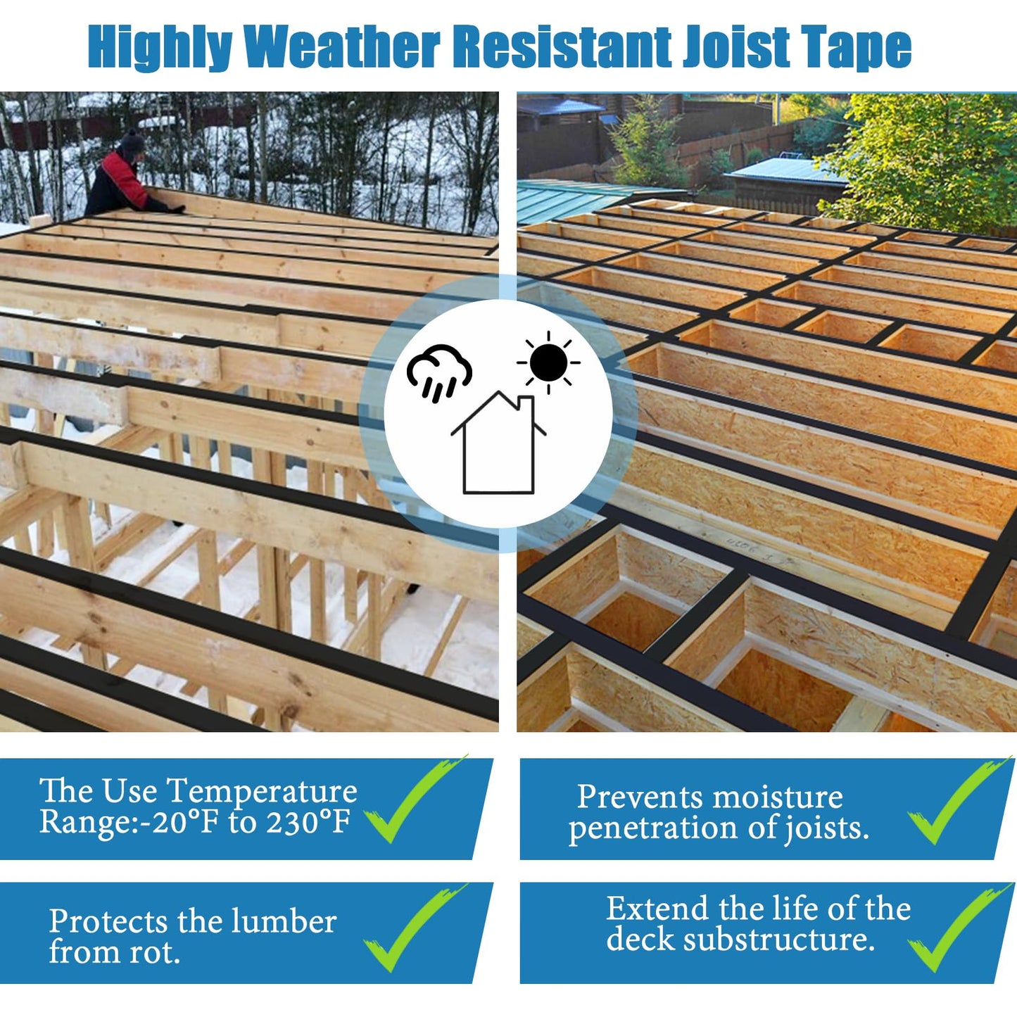 Heelos Joist Tape for Decking 2''×50',10 Pack Weather-Resistant Deck Joist Tape,Waterproof Seal Antiseptic Butyl Joists Tape,Self-Adhesive Flashing Joists Tape for Wood Decks Beams Roof