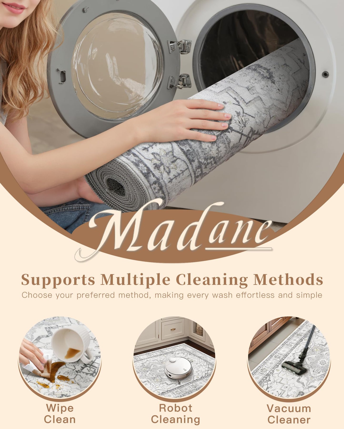 Madane Runner Rug 2x8, Washable Hallway Runner Rugs, Non-Slip Low-Pile Soft Kitchen Rug Runner Laundry Room Rug, Vintage Throw Entry Foyer Mat for Entrance Living Room (Grey, 2 x 8)