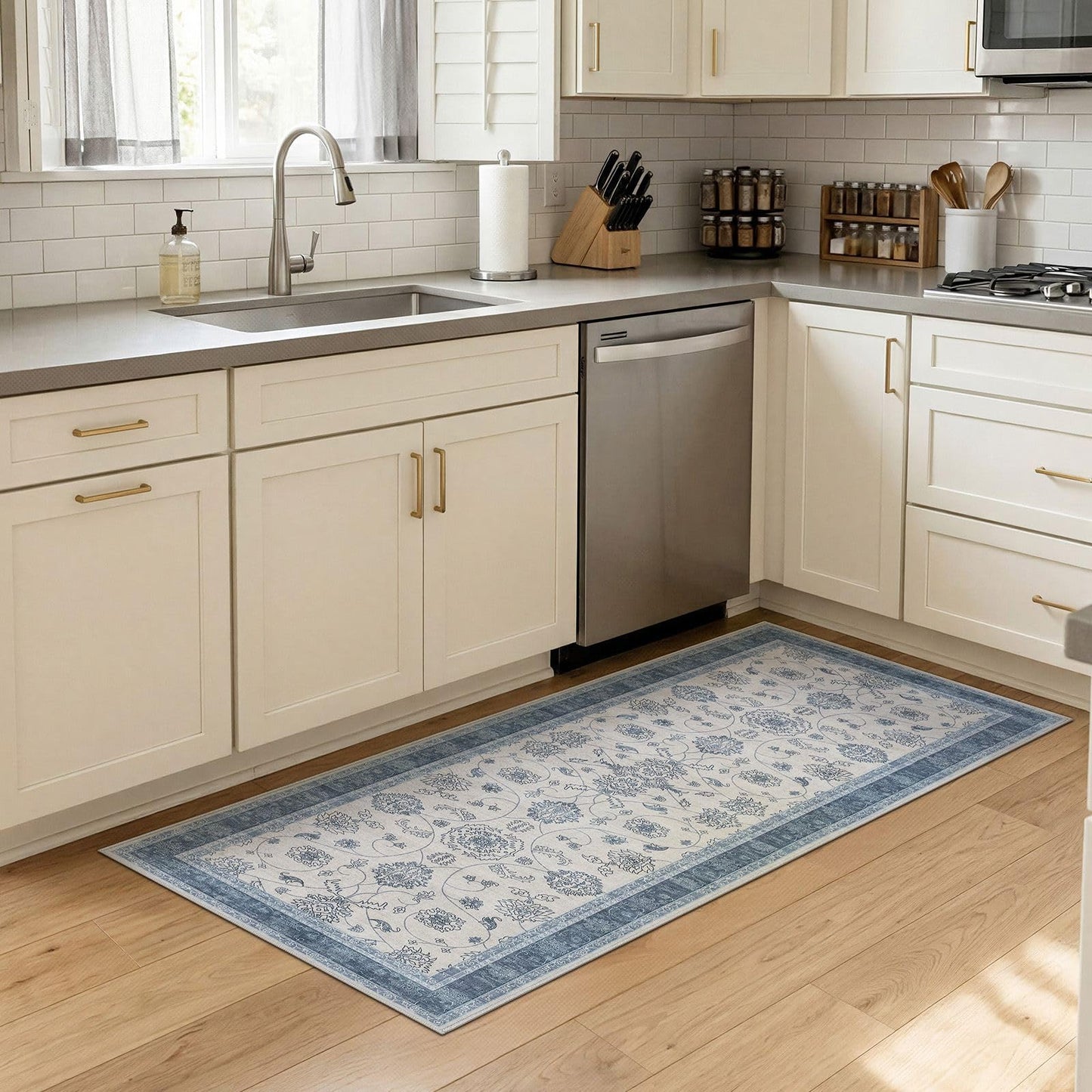 UERMEI 3x6 Machine Washable Runner Rug: Vintage Non Slip Low-Pile Stain-Resistant Hallway Floor Carpet, Soft for Entryway Kitchen Bathroom, Kid Pet Safe Robot Vacuum Friendly - Blue