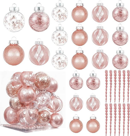 XmasExp 32ct Christmas Ball Ornaments Set -Rose Gold Clear Plastic Shatterproof Xmas Tree Ball Decorations Hanging Baubles for Holiday Decor