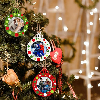 24 Pcs Christmas Pictures Frame Ornaments Bulk Wooden Red Green White Dots Christmas Photo Ornaments Hanging Picture Frames Memories Gifts Keepsake for Tree