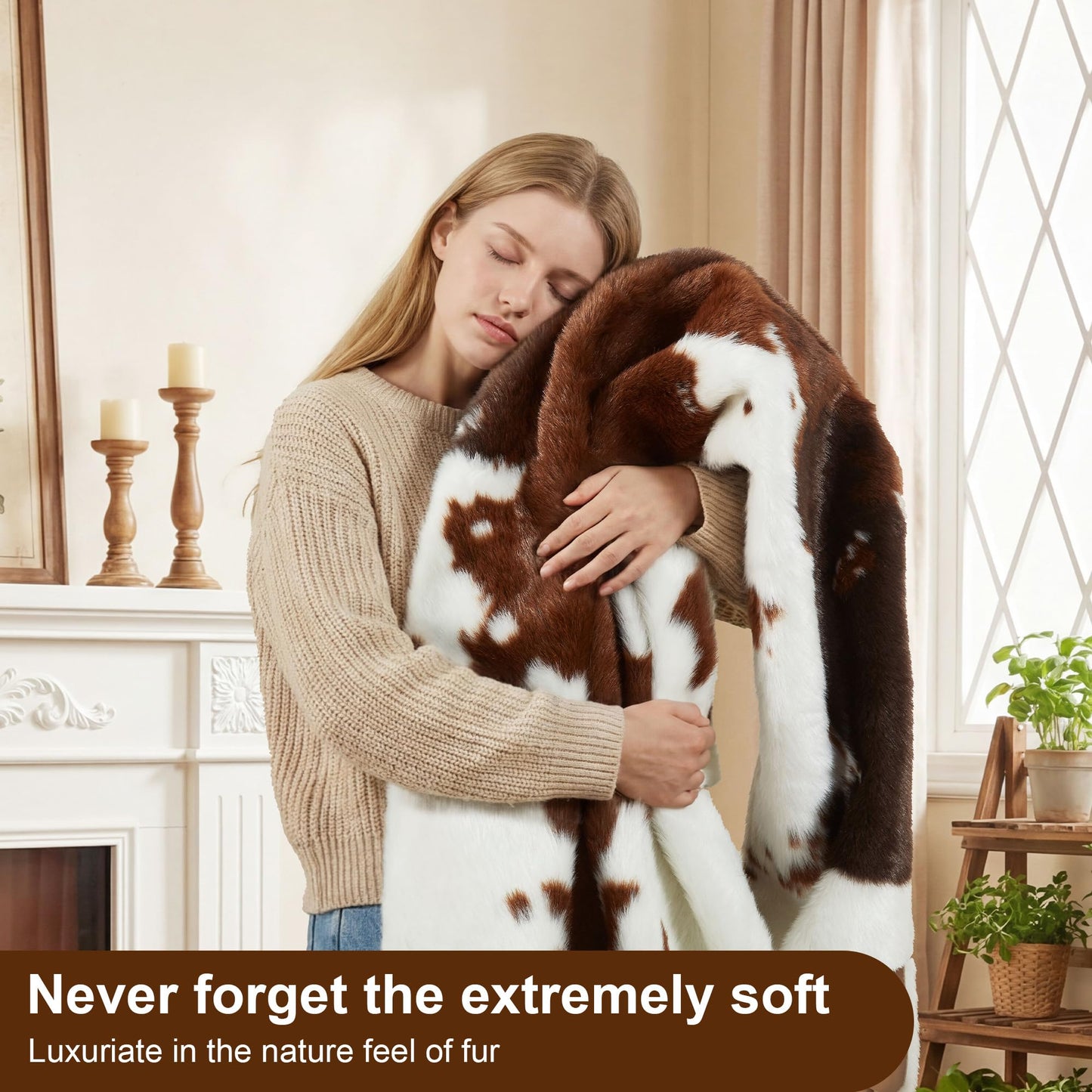 JONIYEAR Large Durable Faux Cowhide Area Rug 4.9 x 6.56 Feet, Premium Cow Print Rug for Living Room Bedroom, Durable Faux Fur Animal Cow Hide Carpet for Western Farmhouse Decor,Washable, Brown Cowhide