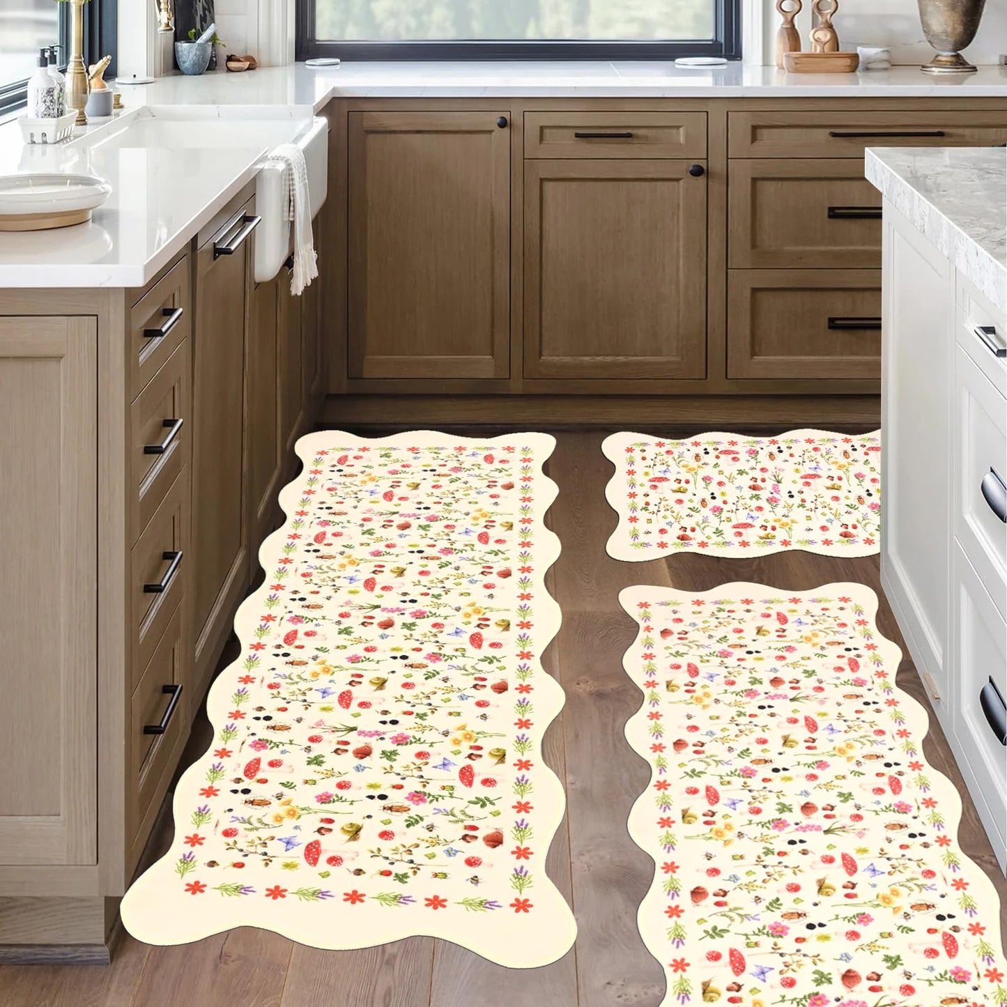 PCSWEET HOME Mushroom Kitchen Rug Set of 3 Scalloped Butterfly Flower Kitchen Rugs and Mats Non-Slip Washable Comfort Standing Mat for Laundry Room, Bar, Office 20 "x32+20 "x47+20 "x59