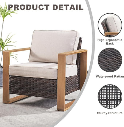 Rilyson Outdoor Wicker Patio Furniture Set - 5 Piece Patio Conversation Set with 2 Wicker Armrest Chairs,2 Rattan Ottoman, 1 Side Table, Sturdy Frame, Thick Cushions, Deep Seating(Brown/Beige)