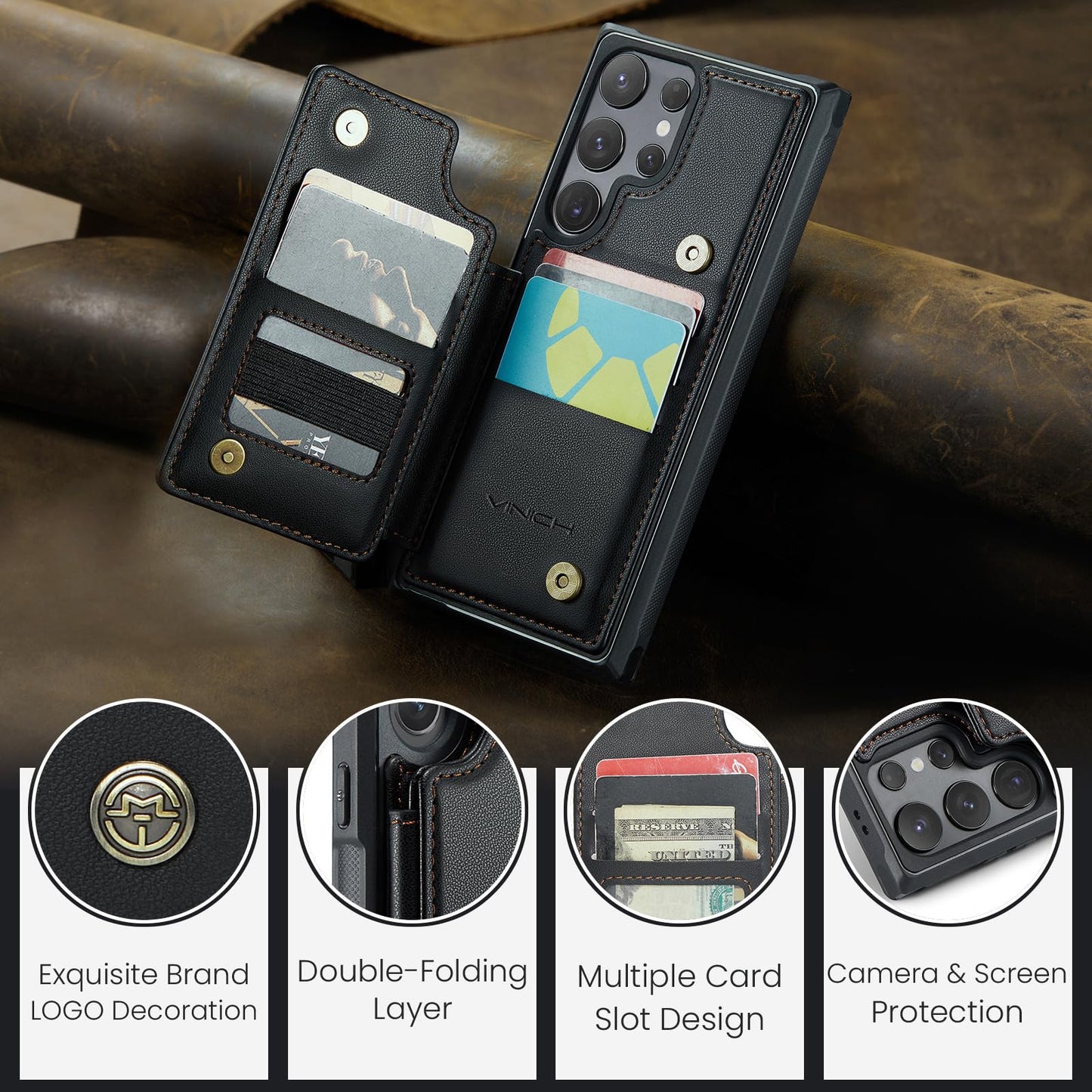 Vinich for Samsung Galaxy S24 Ultra Wallet Case with Card Holder, RFID Blocking Credit Slots Kickstand Shockproof Phone Cover Fit for Galaxy S24 Ultra 6.8" Black