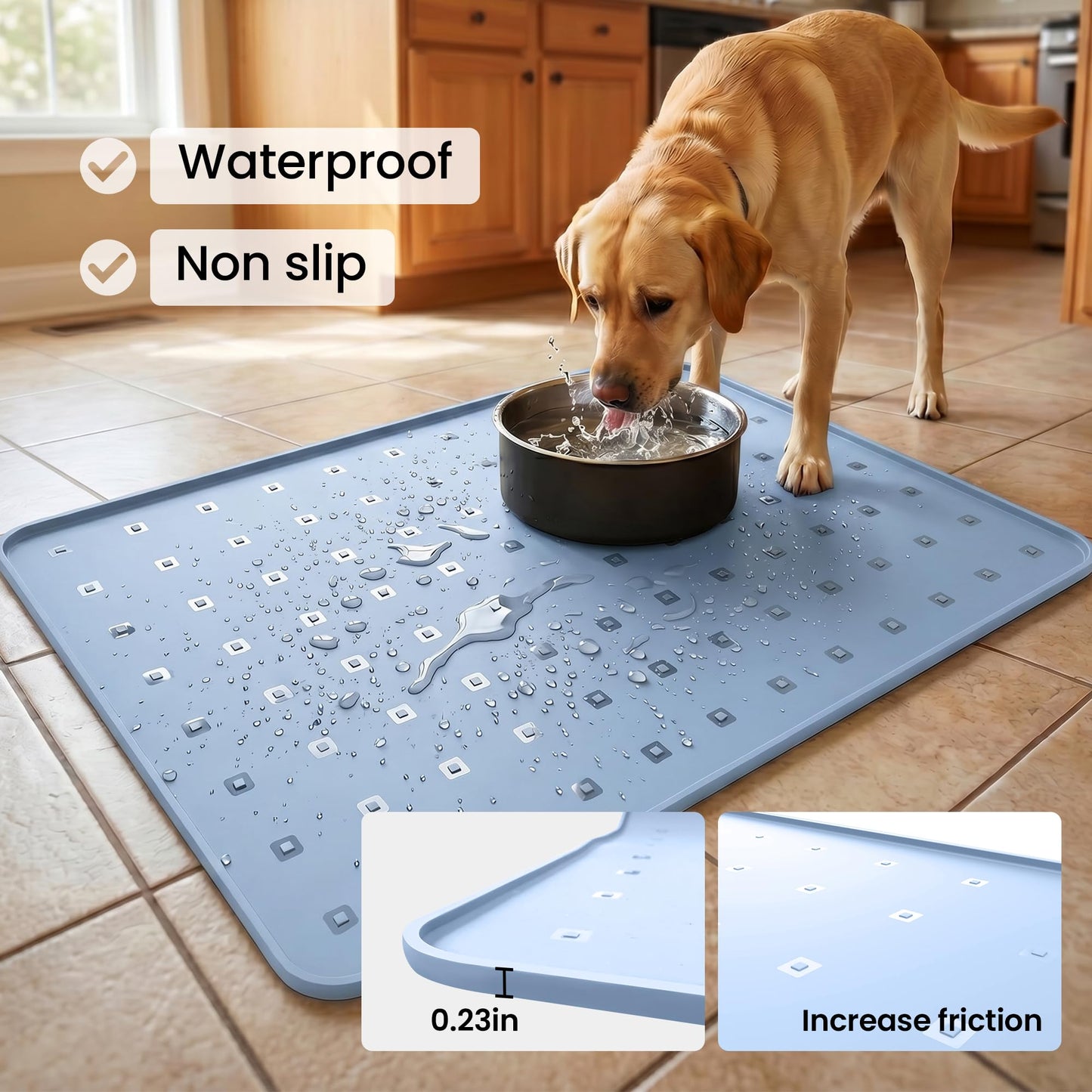 TCULOSD Silicone Pet Feeding Mat, 26x18 Inch Waterproof Dog Bowl Mat – Non-Slip, Machine Washable, Thin 0.23 Inch Edge for Messy Eaters, Protects Hardwood & Tile Floors, Blue