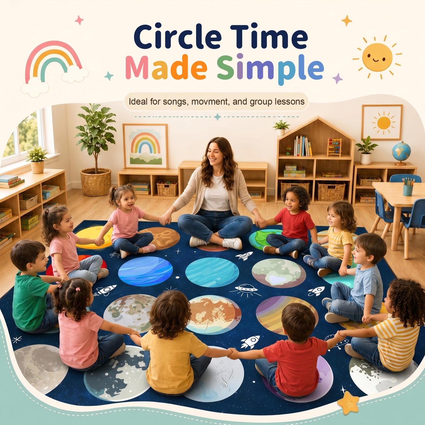 Kimicole 20 Seats Classroom Rugs for Elementary Preschool 8x10 Planet Blue