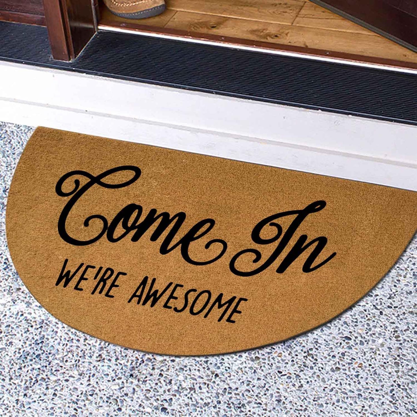 WINZNOF Positive Family Welcome Mat, Come in, We're Awesome 29.5" x 17" Half Round Faux Coir Doormat, Durable Non-Slip Rubber Backing, 0.4" Thick Outdoor Entry Rug, Cheerful Housewarming Gift